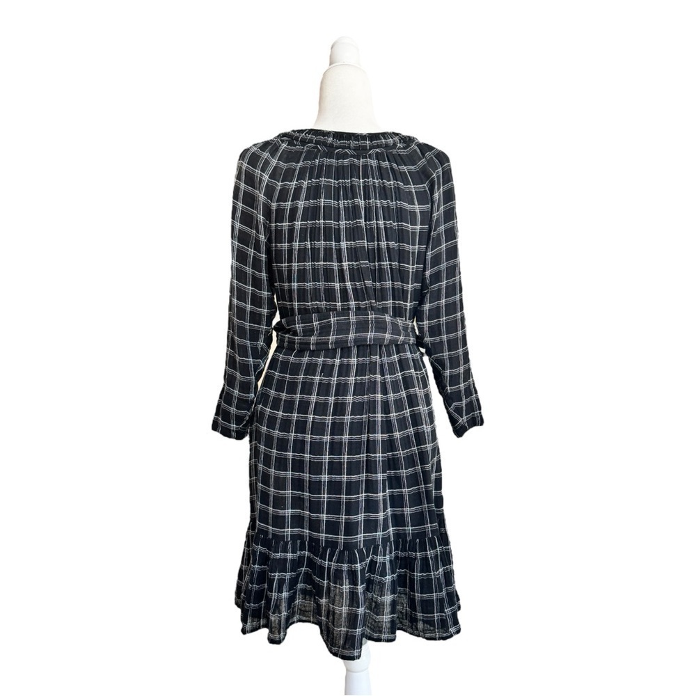 La Vie Rebecca Taylor Black Silver Plaid Long Sleeve Ruffle Womens Size S Belted - Picture 3 of 15